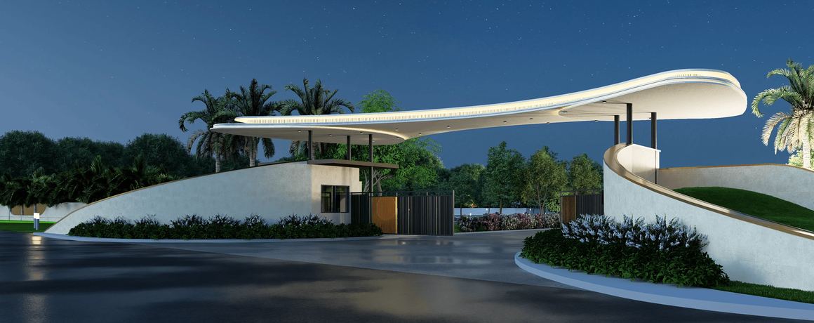 Radiance Highlands – entrance arch at dusk (artist's impression)